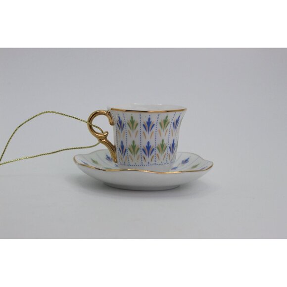 Porcelain Teacup Ornament with Saucer • Blue & Green Floral • Gold Handle - Picture 2 of 5
